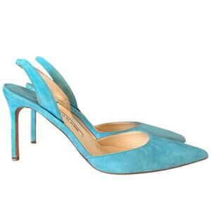 Manolo Blahnik Carolyne Aqua Suede Slingback Pointed Toe Pump 39.5